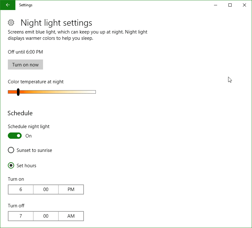 Windows Night Light Settings on Windows 10