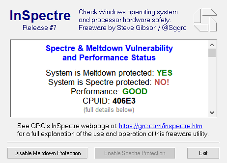 InSpectre showing system vulnerable to Spectre