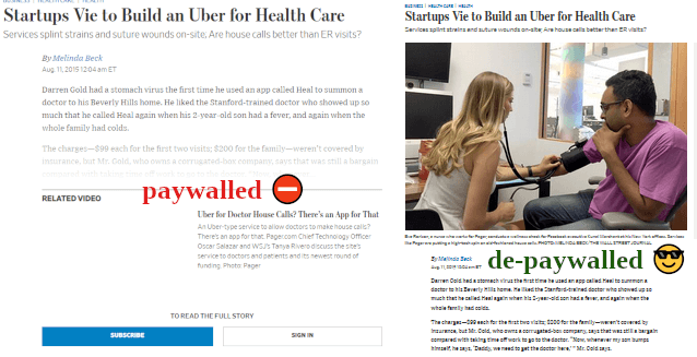Side-by-side comparison of wallstreet journals paywalled and de-paywalled interface