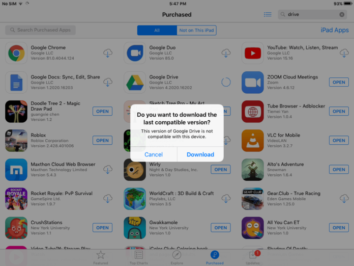 Screenshot showing an alert for installing last compatible version of the app on iPad 2