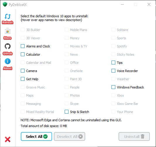 A screenshot of PyDebloatX program