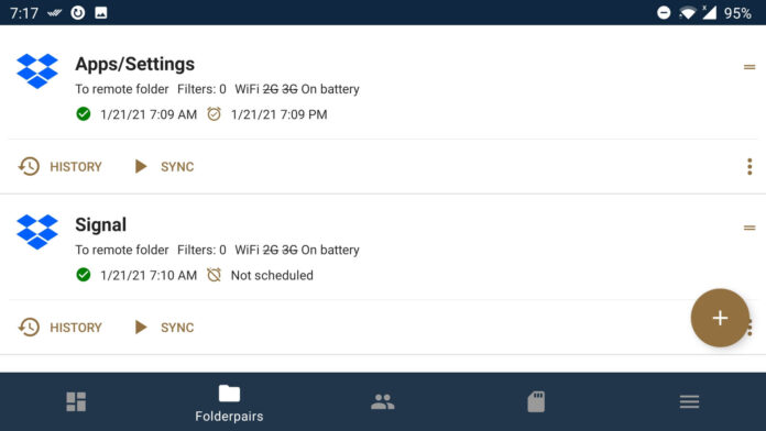 Screenshot of Foldersync showing the signal folder sync with the remote folder completed successfull