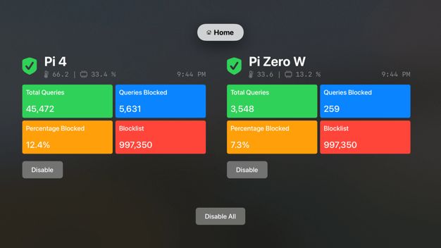 Screenshot of pihole remote app for Apple TV