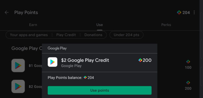 Screenshot showing the exchange screen for Google playstore credit using play points