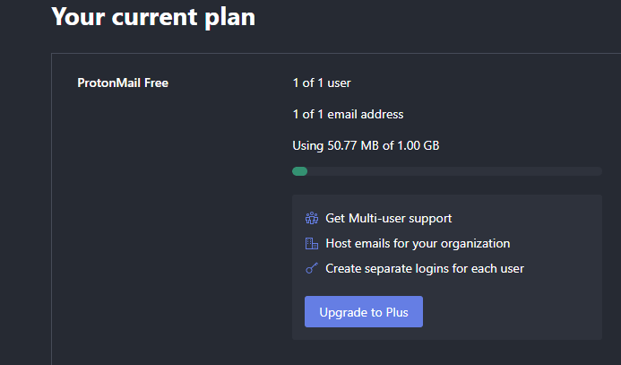 Screenshot of Protonmail Account showing free 1GB upgrade