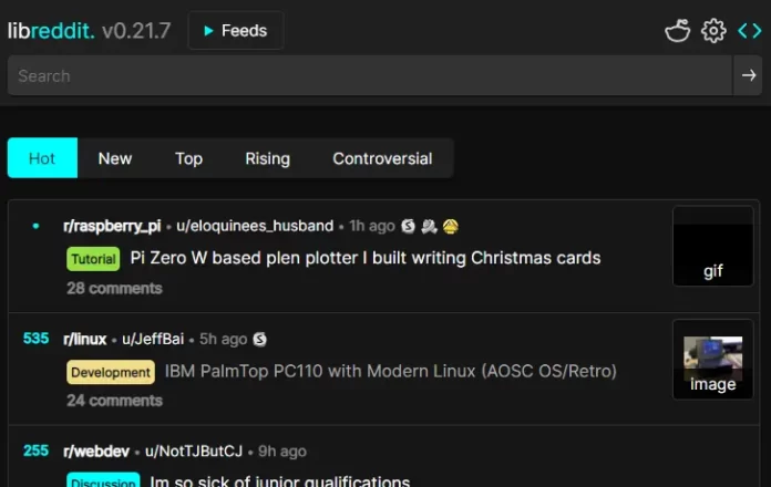 Screenshot of Libreddit interface — a privacy frontend for reddit