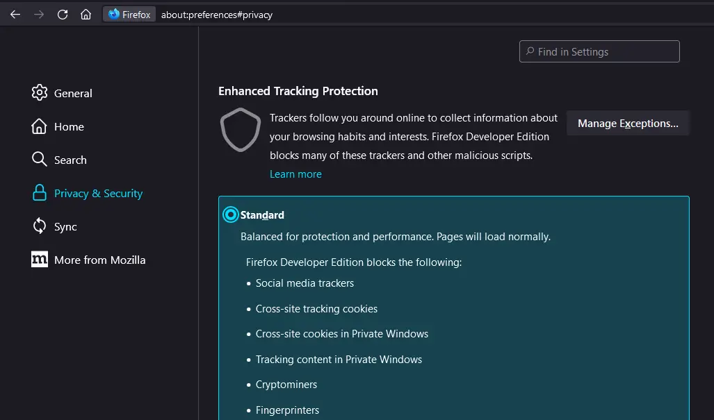 Cross-site tracking prevention in Standard "Enhanced Tracking Prevention" section in firefox settings.
