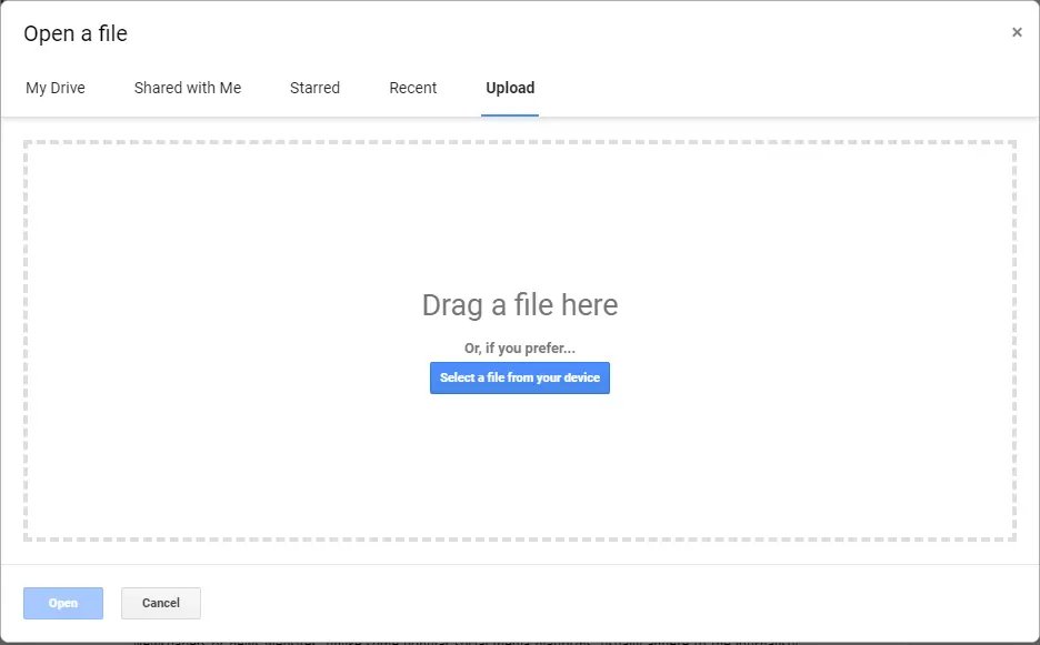 A screenshot of a upload feature in Google docs