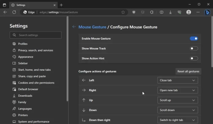 A screenshot show me the Microsoft Edge browsers mouse gestures settings