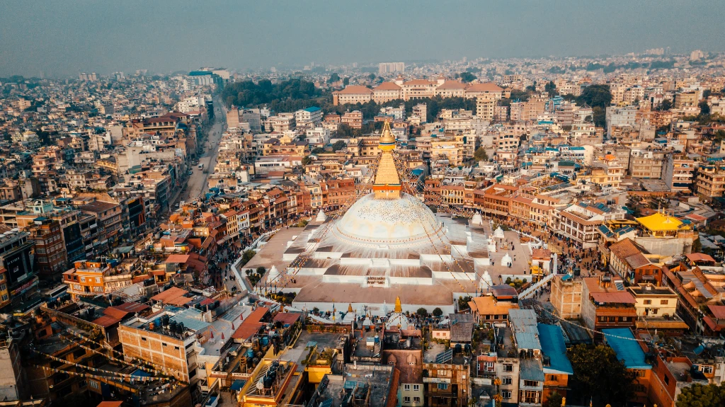 Aerial view of Boudha Stupa in Kathmandu a Drone