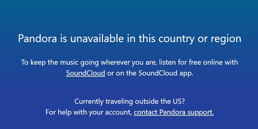 A screenshot of pandora website being blocked outside specific countries