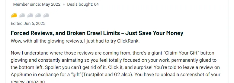 A review of a product on Appsumo asking favorable reviews of "gift" from the company