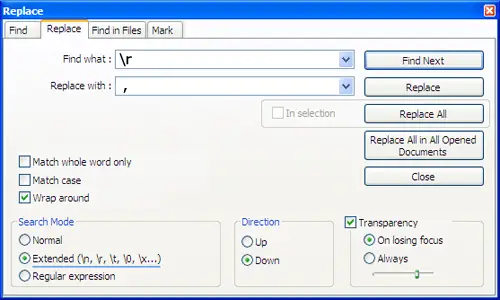 An image showing replace text window in Notepad++ to replace line breaks