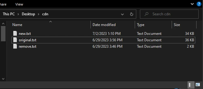 An screenshot showing three text files in a folder. new.txt is the generated one