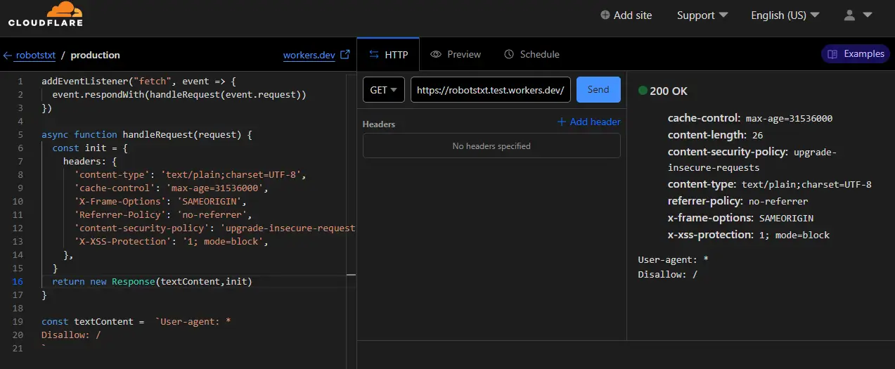Screenshot testing the response of the cloudflare worker for robots.txt